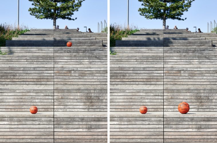 John MacLean Two and TwoA small and large orange-sized Spalding basketball sit side by side on weathered wooden steps, leading up to a distant tree under which figures gather in London’s Olympic Park. In the second photograph, the larger basketball has been moved further back, creating the illusion—through the foreshortening effect of the lens—that it is the same size as the smaller ball in the foreground. This playful yet revealing diptych highlights the duplicity of the photographic lens, juxtaposing humour with a critique of the futility and subjectivity of measurement