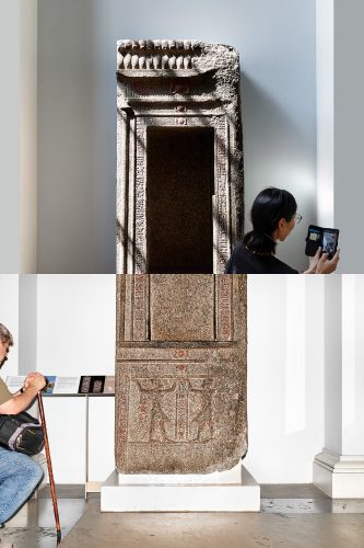John MacLean Two and TwoDiptych artwork from the series Two and Two, photographed at the British Museum in 2025. The upper image shows the top half of the granite Shrine of King Ptolemy VIII, placed in an Egyptian temple by King Ptolemy VIII and Queen Cleopatra II, later closed by Emperor Justinian in AD 535. Lit by natural light, the shrine’s carved hieroglyphics and relief figures are visible, while in the lower right a middle-aged woman photographs an unseen object with her iPhone inside a wallet case. The lower image depicts the bottom half of the shrine under harsh flash, showing carved Egyptian figures with raised arms and hieroglyphics. At left, an elderly Caucasian man with a walking stick reads the museum label.