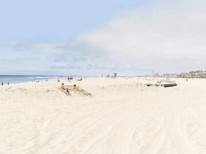 John MacLean HometownsTwo young men in swimming trunks lie on a softly sunlit Newport Beach in California, with a half-buried oil pipe receding into the background. The image evokes the New Topographics style and serves as a postmodern homage to the subtle intelligence in the work of Lewis Baltz, taken in his hometown.