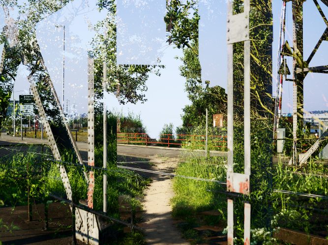 John MacLean HometownsDouble-exposure photograph taken in Wallasey, Merseyside, England, as a homage to British photographer Raymond Moore, who often embraced the philosophy of accidents in his work. The image overlays steel bridge struts and a red handrail with a verdant path lined by trees and bushes under a clear blue sky. In the distance, a road sign featuring a ferry icon and the place name ‘Birkenhead’ adds context to the location. The layering creates a surreal yet contemplative composition, reflecting Moore’s mastery of visual ambiguity and layered narratives
