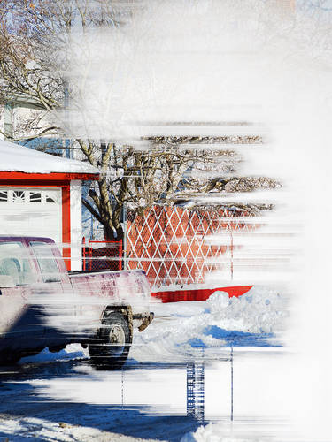 John MacLean Hometownswintry photograph of truck and garage in staten Island New York during snow storm art photograph by John MacLean red fence