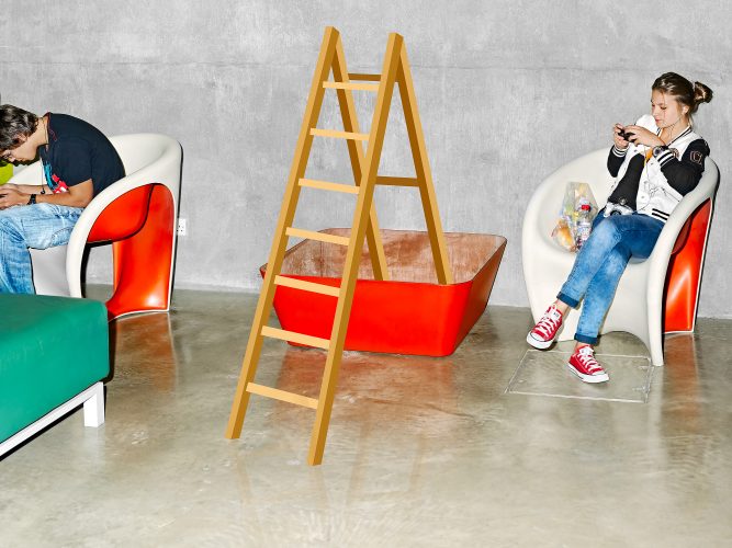 John MacLean ConversationsAn enlarged emoji of a ladder sits in a red container within the Victoria and Albert Museum, London, UK. Two young people nearby are engrossed in their smartphones, ignoring the oversized ladder emoji. The scene evokes the concept of a ladder bridging the virtual and real worlds while commenting on the erosion of attention spans in Gen Z