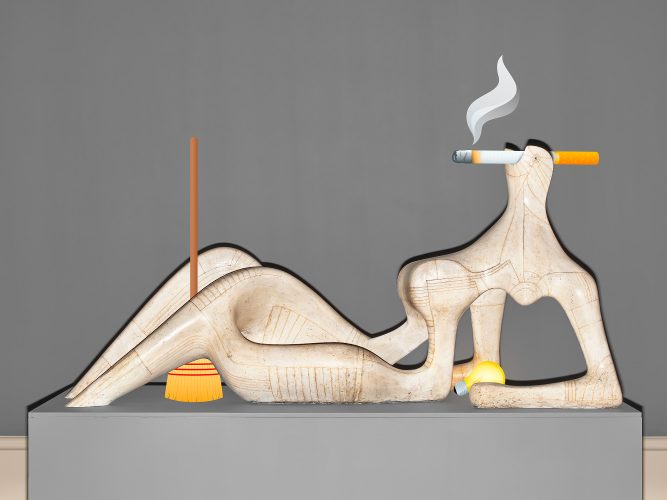 John MacLean ConversationsA high-resolution flash-lit photograph of Henry Moore’s Reclining Woman (1951) in Tate Britain, London. Three emoji have been digitally added: a lit cigarette between the figure’s lips, a broom leaning against its back, and a yellow lightbulb beneath its arm. Part of the artist’s Conversations series.