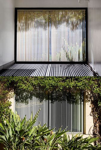 John MacLean Two and TwoDiptych photograph from John MacLean’s 2 and 2 series, taken in Los Angeles. The top image shows an interior view through vertical blinds, sunlight casting zebra-like shadows across a grey carpet. The bottom image presents the same blinds from the exterior, partly hidden by lush Californian vegetation with broad tropical leaves and vines. Seen together, the pair contrasts inside and outside perspectives, inviting the viewer to reconstruct the three-dimensional space.