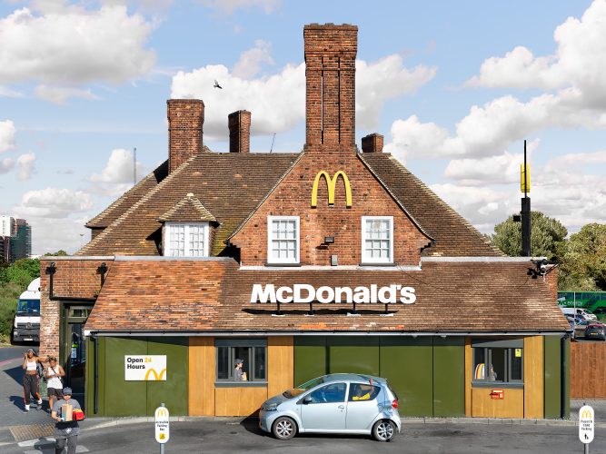 John MacLean SystemAn old red-brick English pub with tall chimneys, awkwardly converted into a McDonald’s restaurant at Target Roundabout, London, UK. In the foreground, a car is stopped at the takeaway window, emphasizing the jarring contrast between traditional architecture and modern fast-food culture.